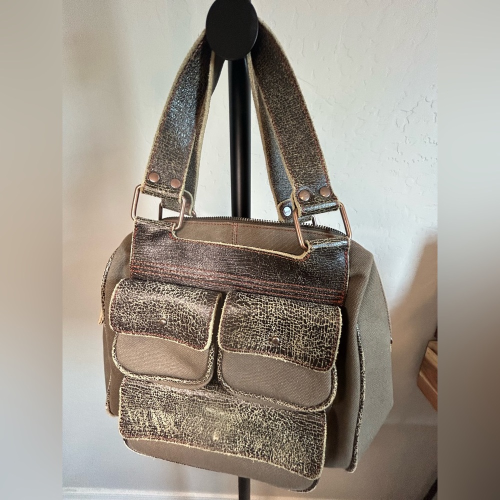 COPY - COPY - Latico Handbag Olive Green Distressed weathered Leather & Canvas …